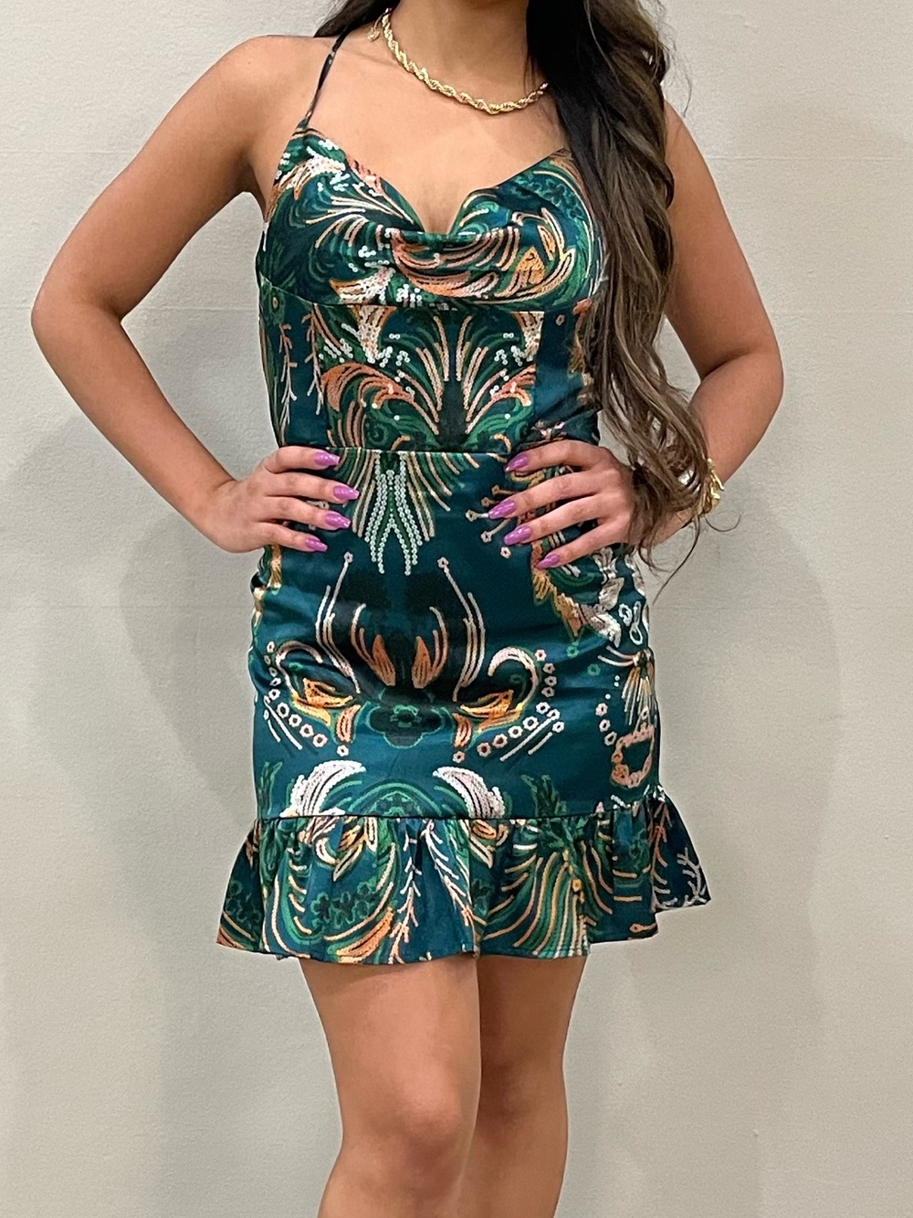 SHEIN Emerald Green Printed Cowl Neck Mini Dress